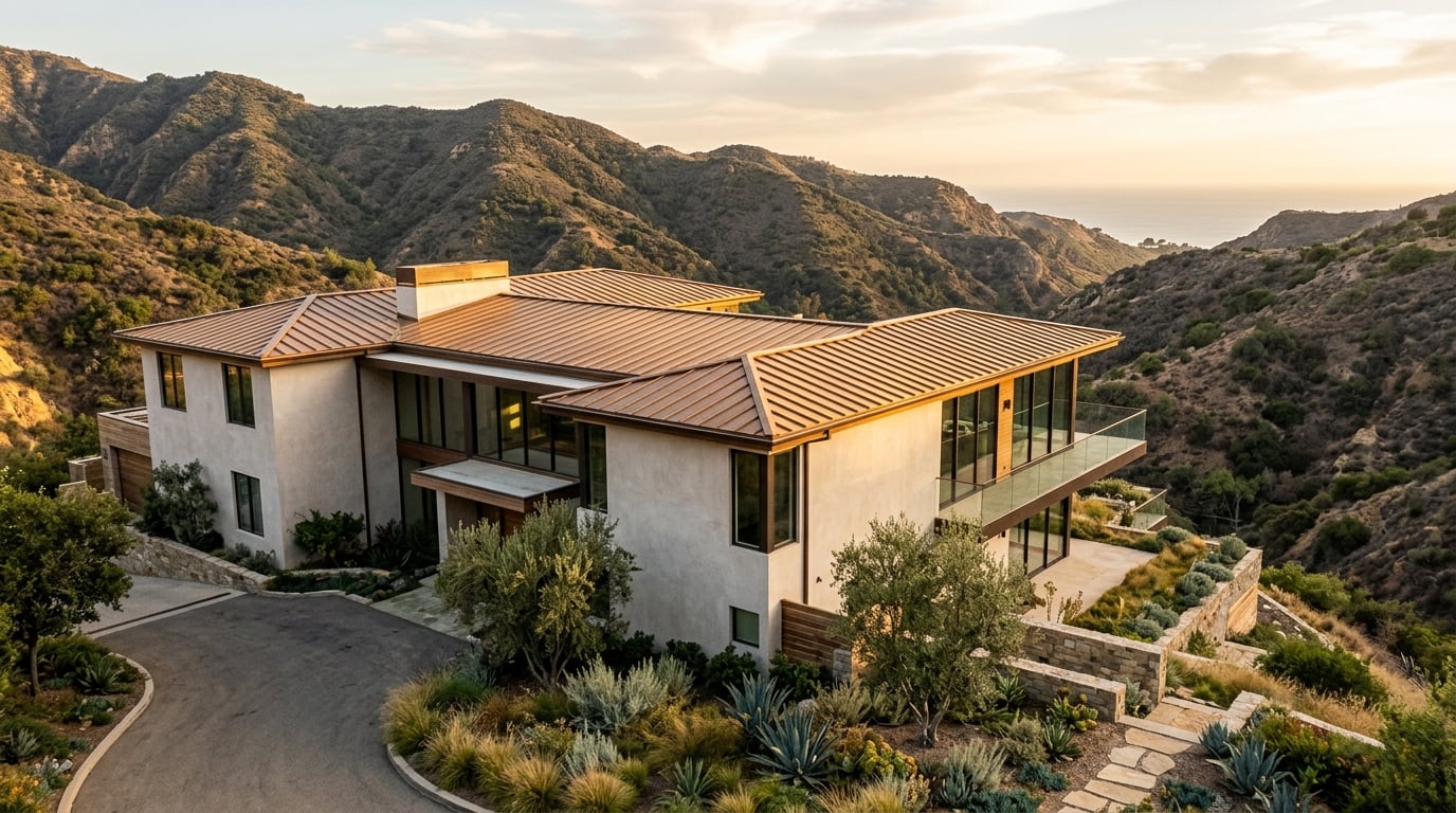 Dark Bronze standing seam metal roof on mediterranean modern home in Pacific Palisades
