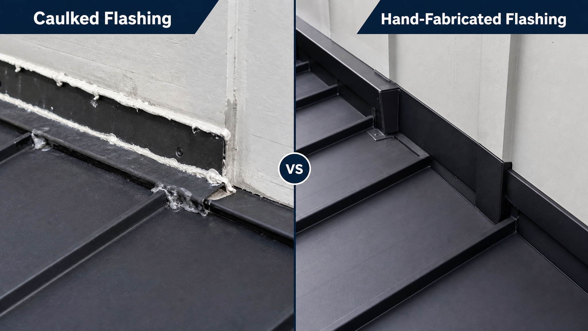 Side-by-side comparison of a stock pre-bent flashing sealed with caulk and a custom hand-fabricated standing seam flashing that mechanically sheds water
