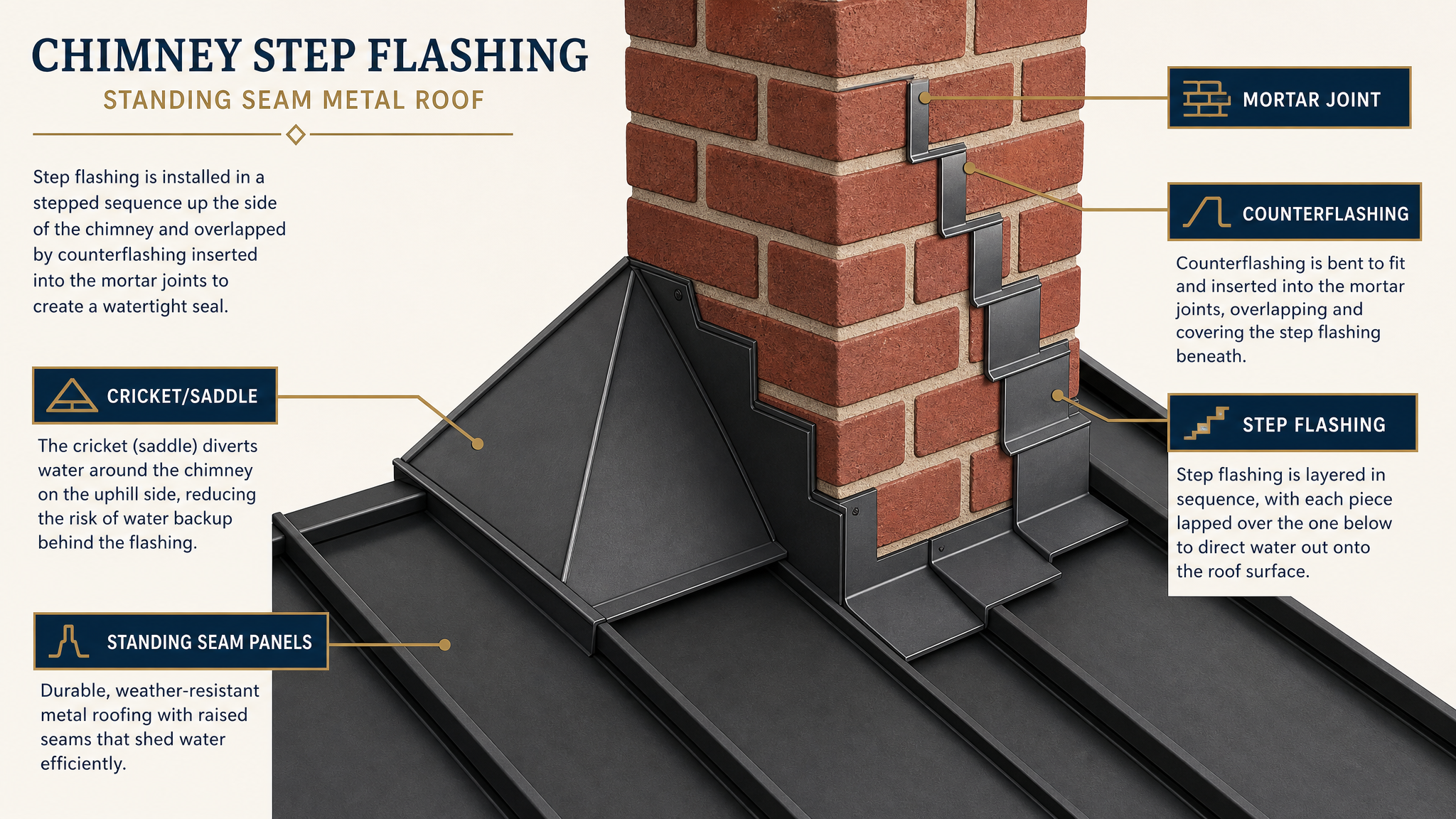 Proper chimney flashing showing layered step flashing, counterflashing set into the masonry, and a cricket on the uphill side