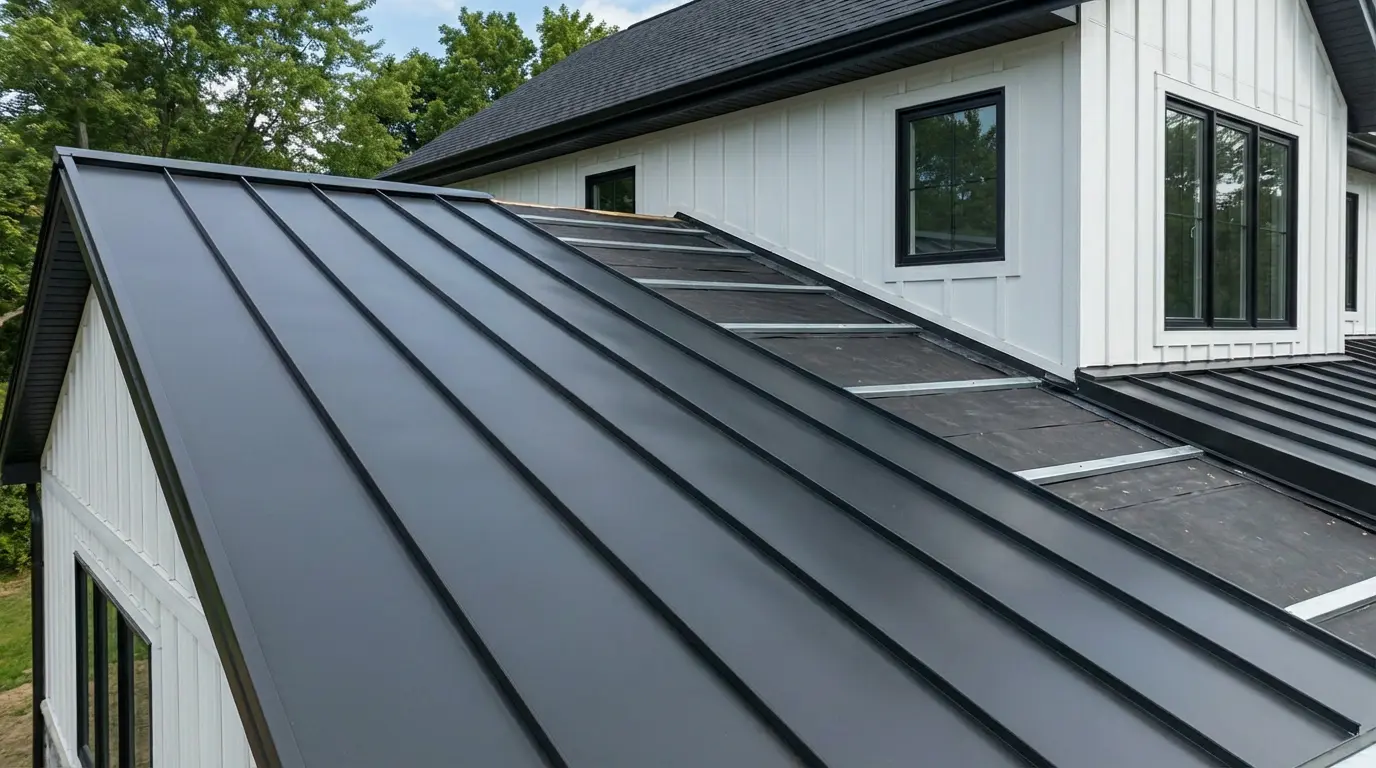 Roof replacement project with standing seam metal roofing installation