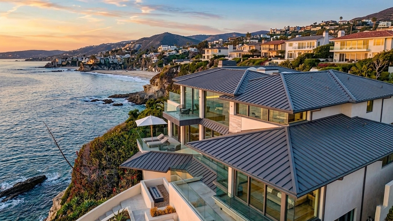 Slate grey standing seam metal roof on a modern glass cliffside home above the Laguna Beach coastline at dusk