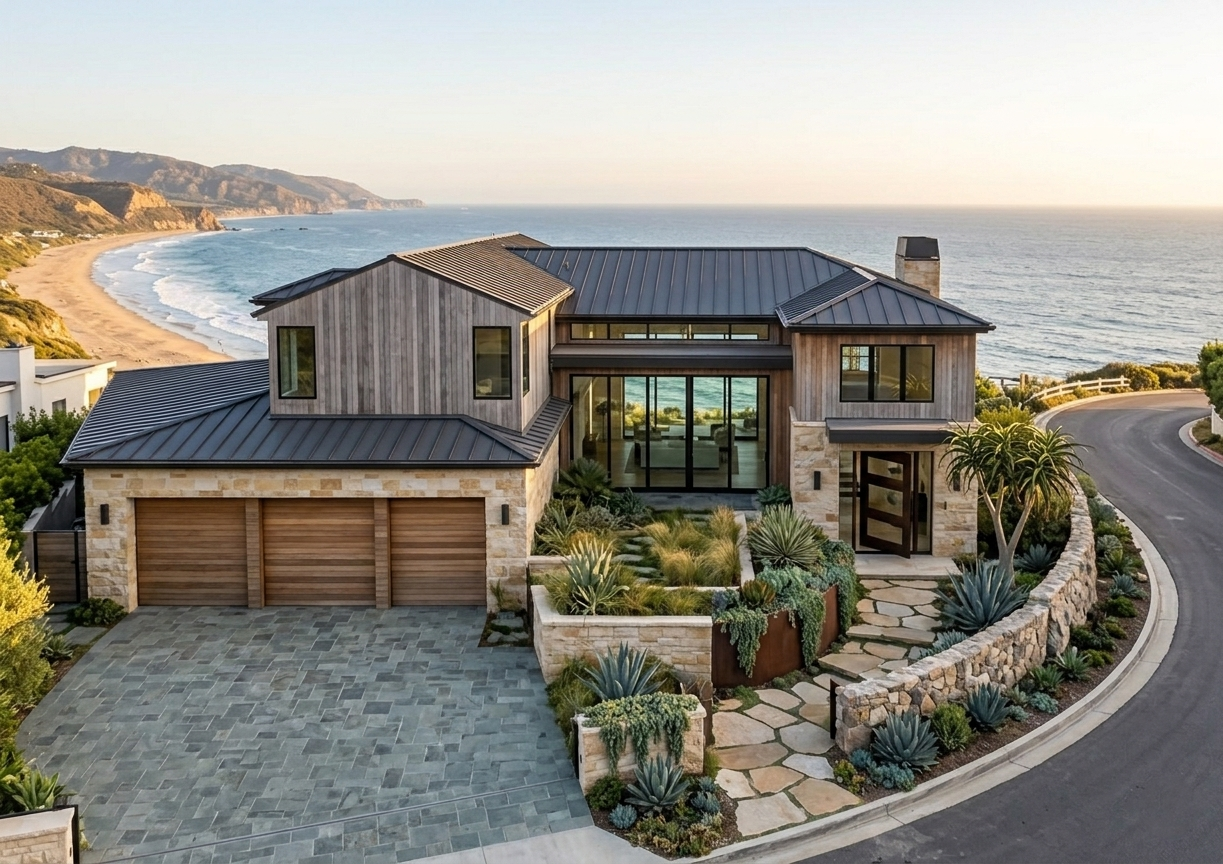Charcoal standing seam metal roof on a wood-and-stone coastal farmhouse with a three-car garage above a Malibu cove