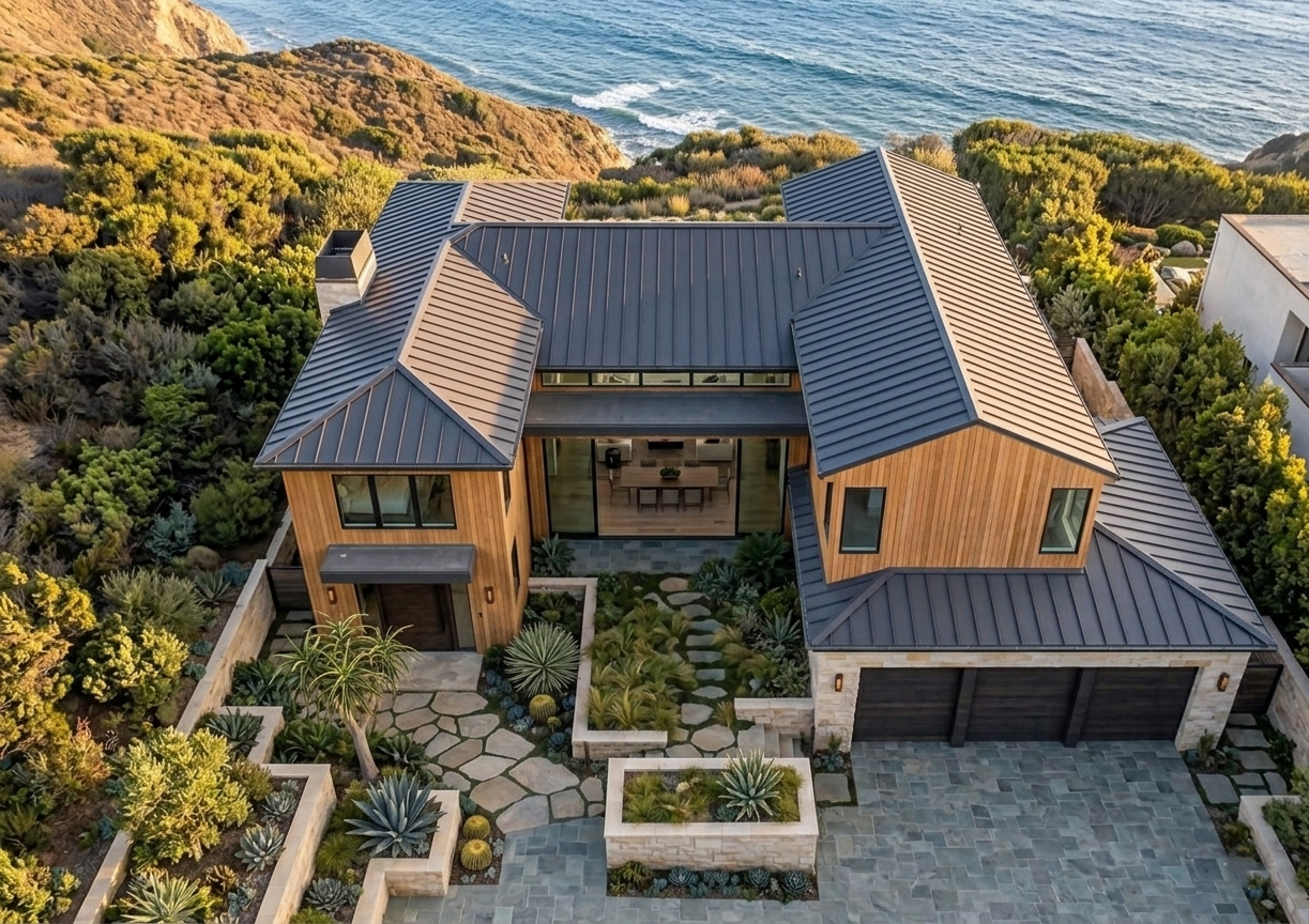 Aerial view of a dark standing seam metal roof and wood-clad modern home on a coastal bluff in Malibu