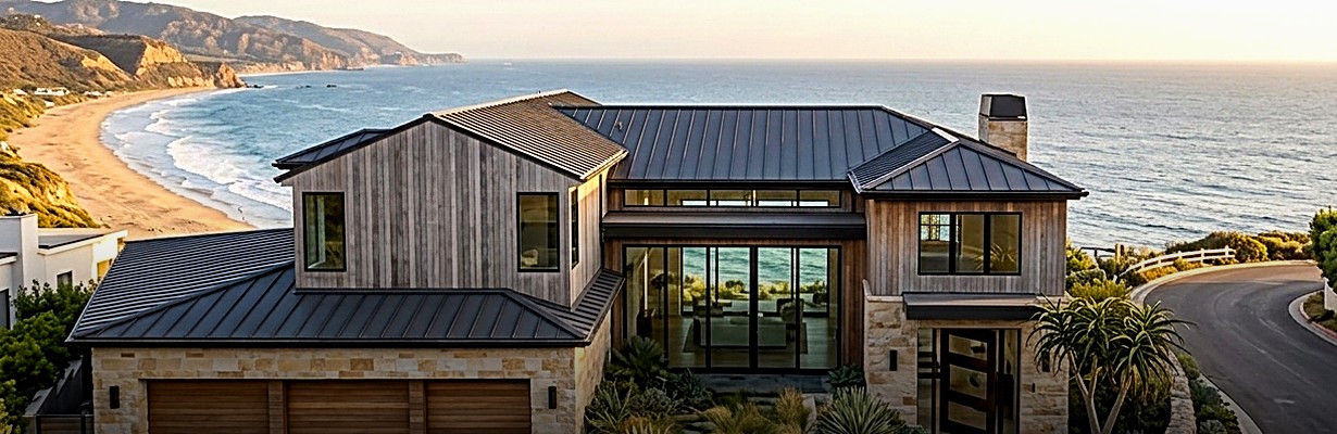 Dark bronze standing seam metal roof on a modern coastal farmhouse above a Malibu beach at sunset