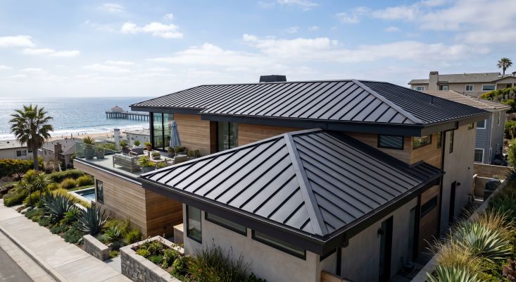 Black standing seam metal roof on a contemporary wood-and-stucco home near the pier in Manhattan Beach