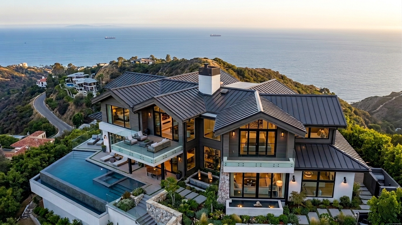 Dark bronze standing seam metal roof on a multi-gable hillside estate with an infinity pool and ocean view in Pacific Palisades