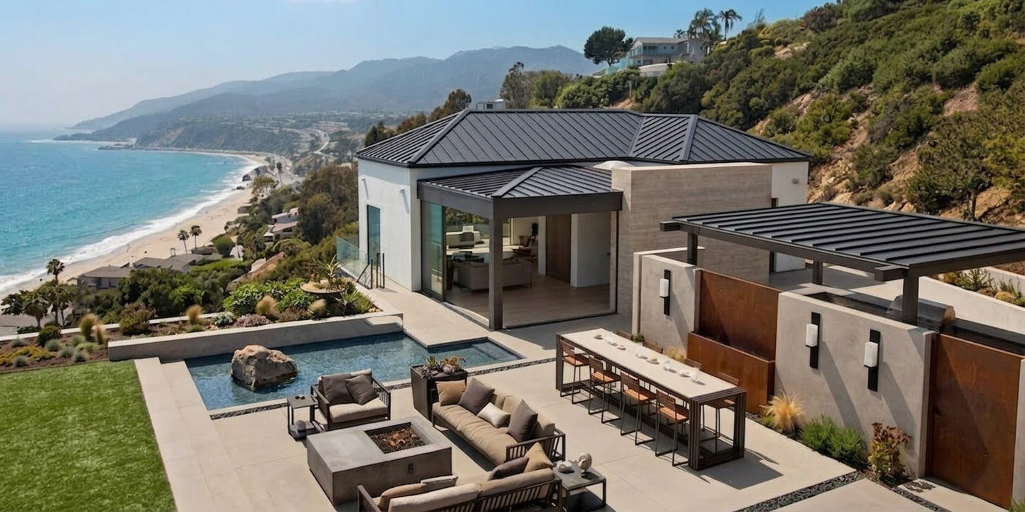 Matte black standing seam metal roof on a modern home with a poolside patio and firepit overlooking the Pacific Palisades coast
