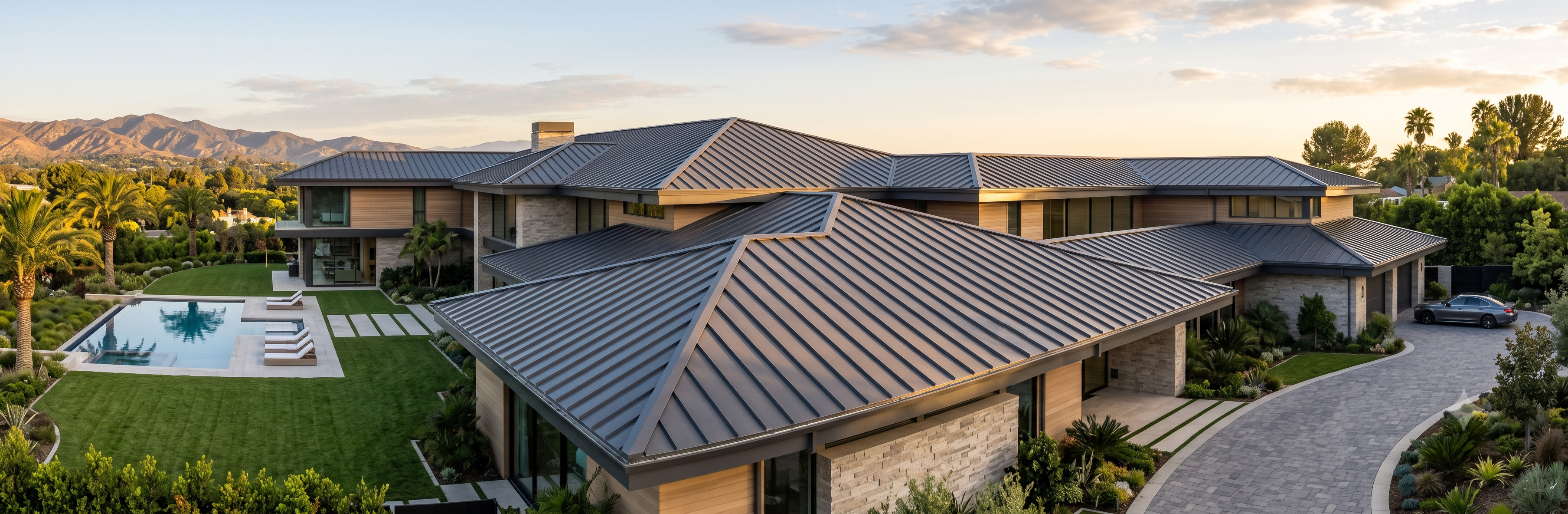 Aerial view of a charcoal standing seam metal roof on a sprawling modern estate with a pool in Calabasas