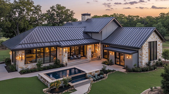 Charcoal standing seam metal roof on a modern stone farmhouse with a pool and spa in Hidden Hills
