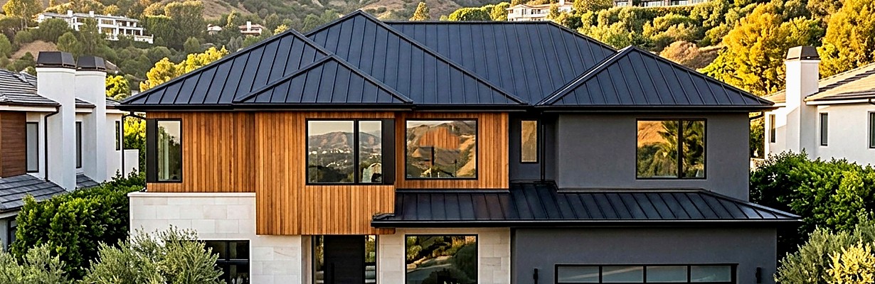 Charcoal standing seam metal roof on a modern two-story home with stone and black-framed windows in Los Angeles