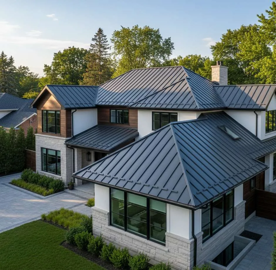 Matte black standing seam metal roof on a contemporary two-story home with cedar cladding on a Sherman Oaks hillside