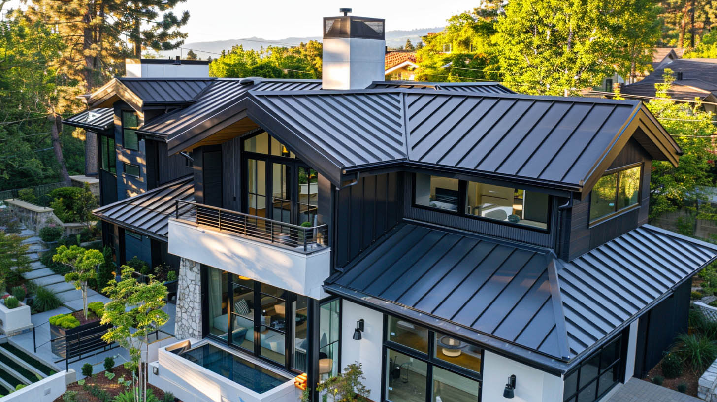 Black standing seam metal roof on a modern hillside home with a pool in Bel-Air