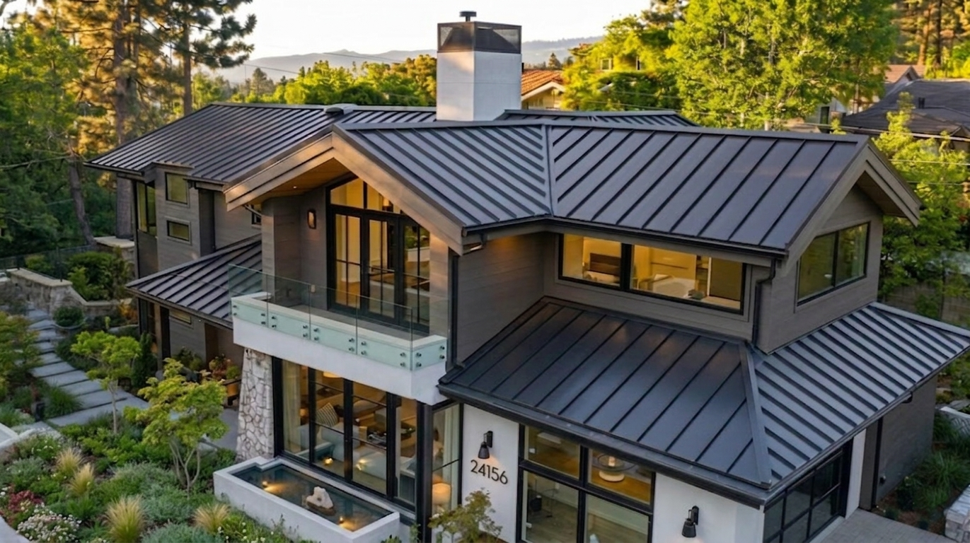 Dark standing seam metal roof on a modern hillside home in Beverly Hills