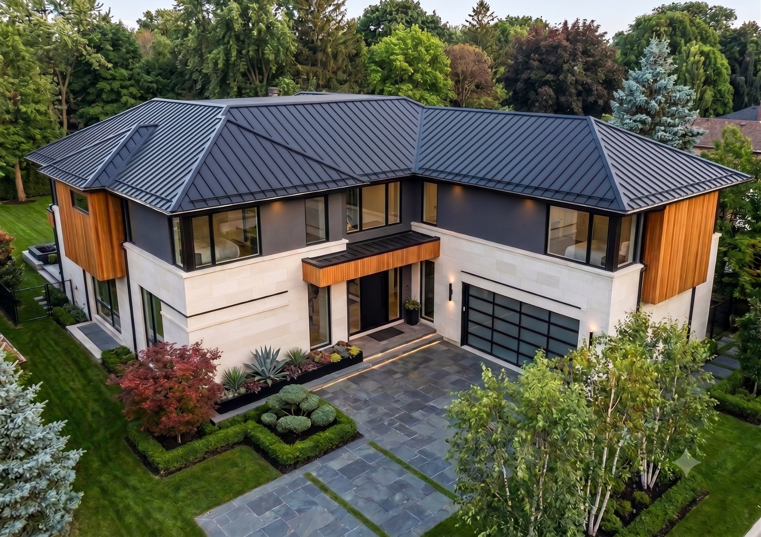 Dark charcoal standing seam metal roof on a contemporary home with wood accents in Encino