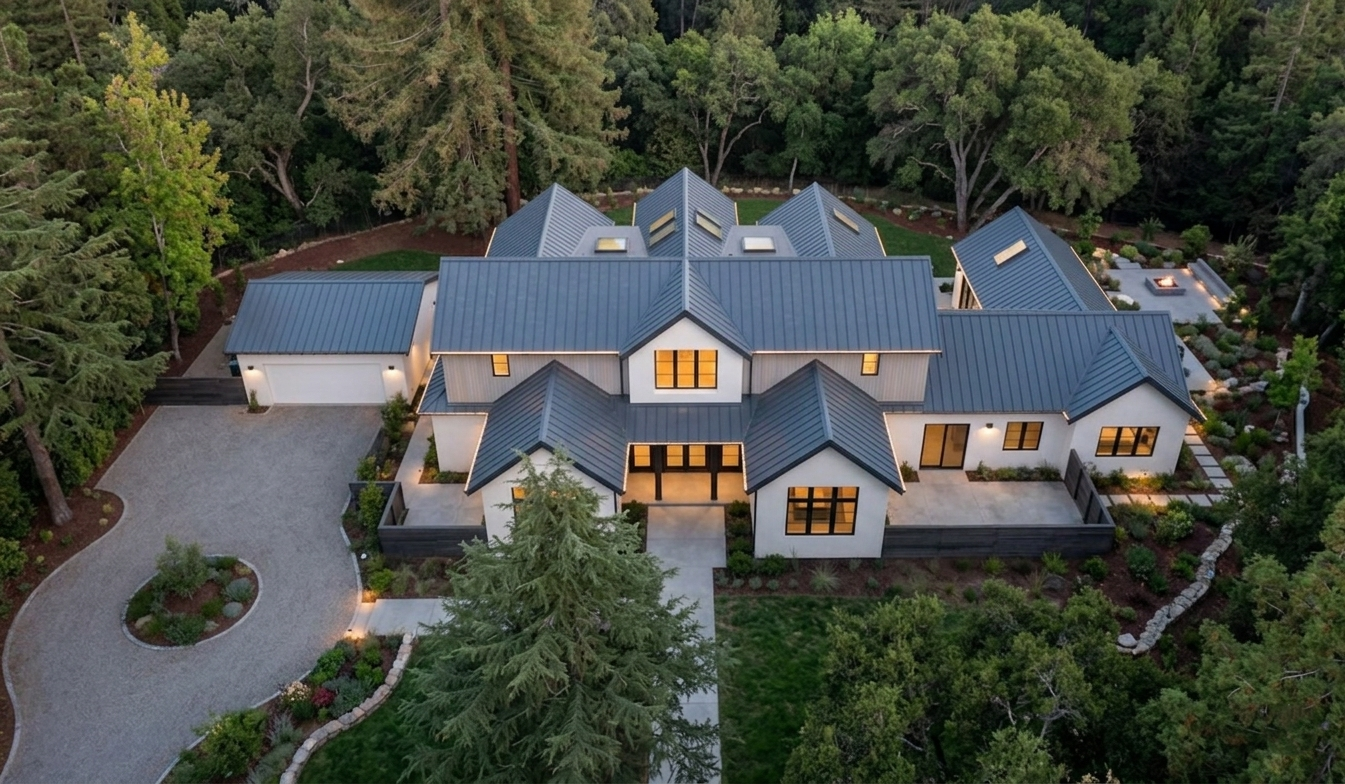 Charcoal standing seam metal roof on a modern stone-and-stucco estate with a pool and spa in Hidden Hills