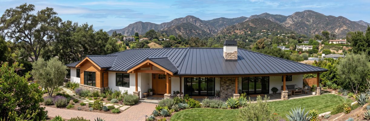 Dark charcoal standing seam metal roof on a white ranch-style home in La Canada Flintridge