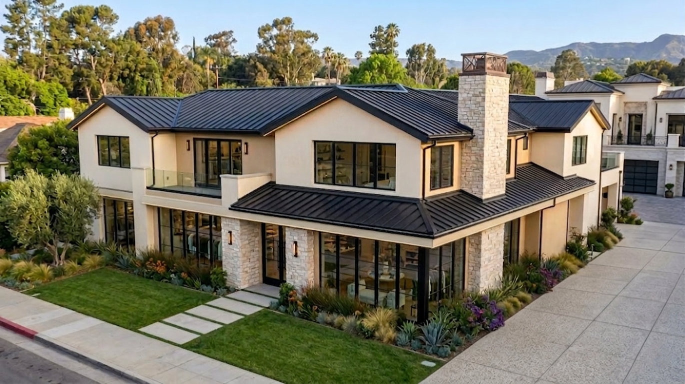Black standing seam metal roof on a modern home with a stone chimney in the Malibu hills