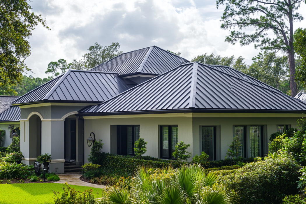 Black standing seam metal hip roof on a landscaped single-story home in Southern California