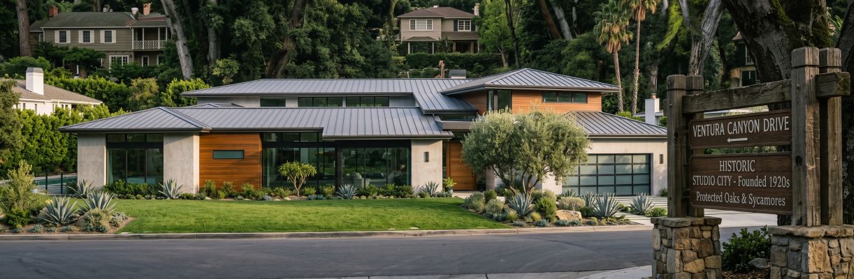 Gunmetal standing seam metal roof on a contemporary wood-and-stucco home on Ventura Canyon Drive in Studio City