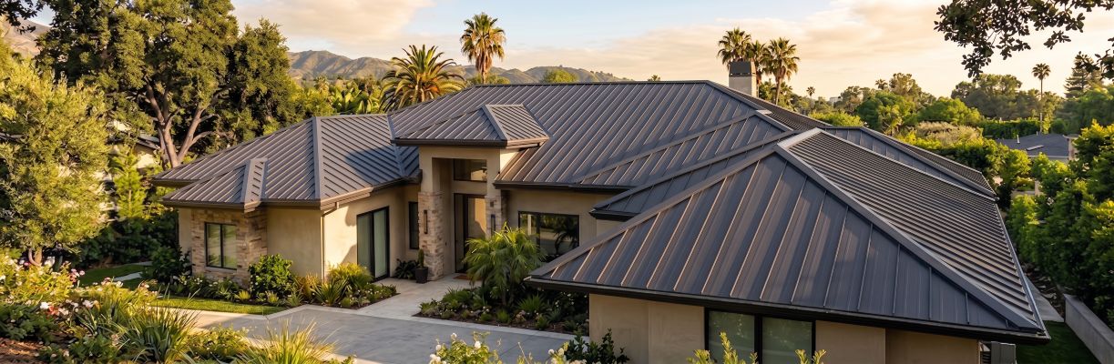 Bronze standing seam metal roof on a single-story ranch home at sunset in Tarzana
