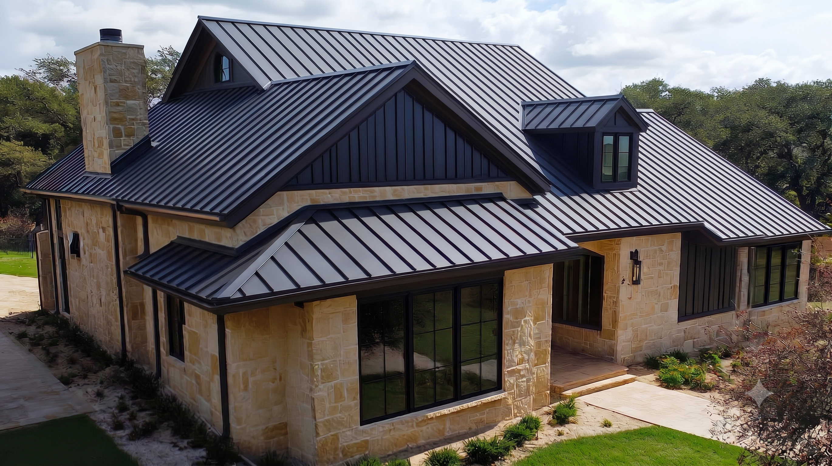 Matte black standing seam metal roof on a cream stone home in Woodland Hills