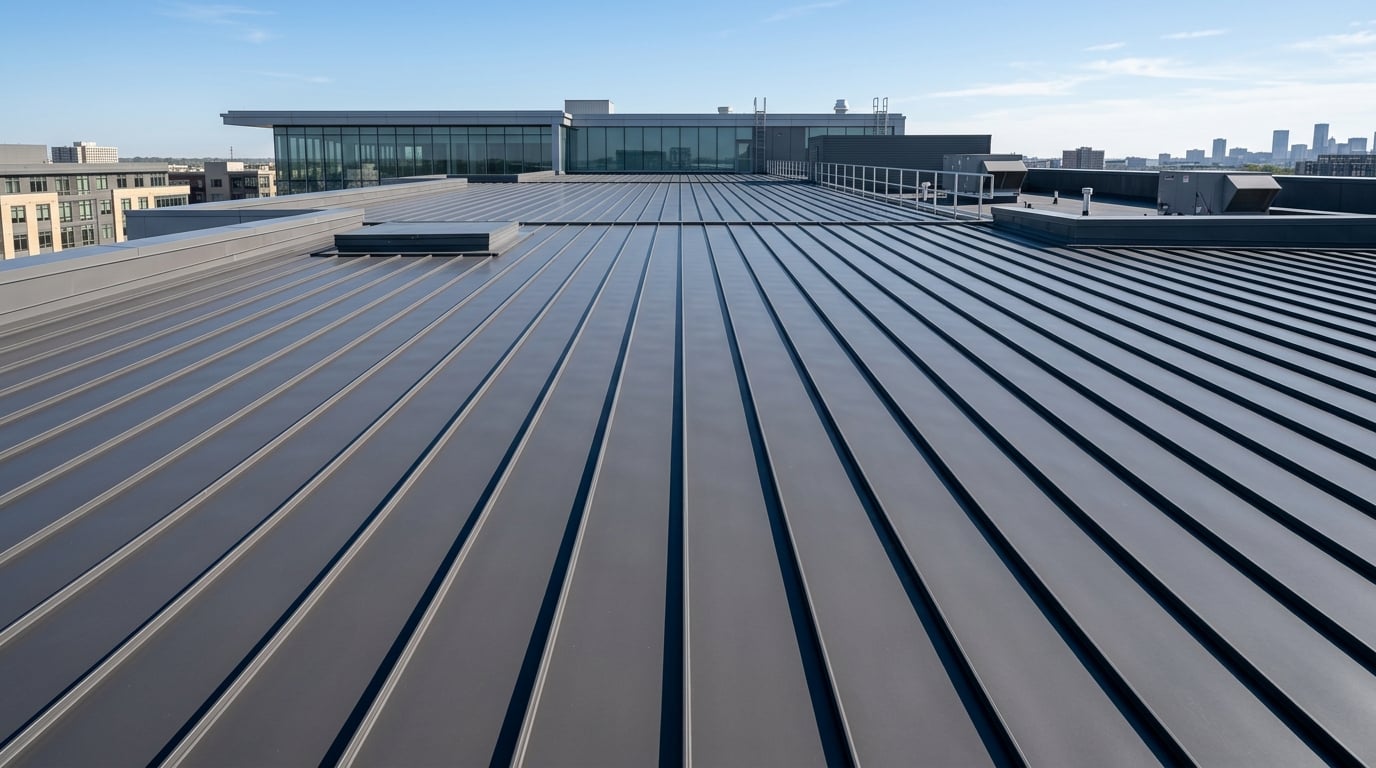 Commercial standing seam metal roof in heavy-gauge steel.