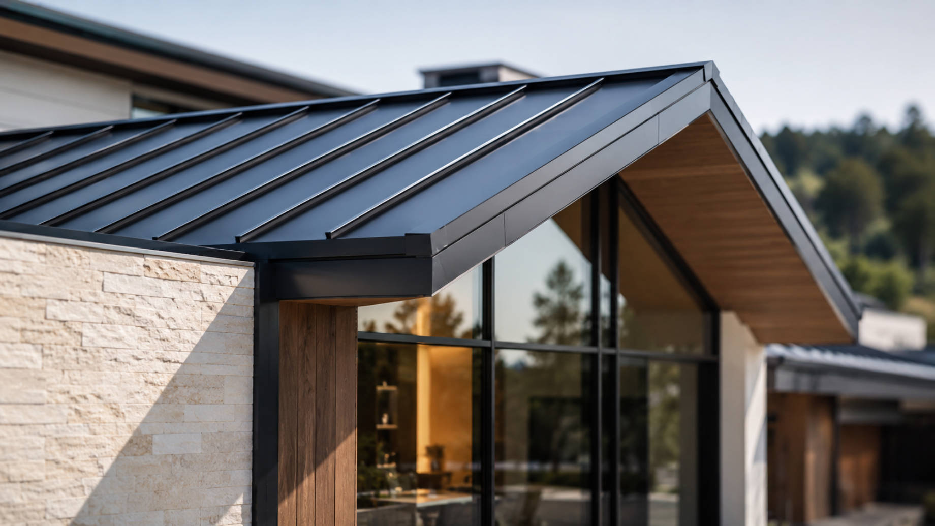 Luxury standing seam metal roof installed with 22-gauge steel on a custom Southern California home