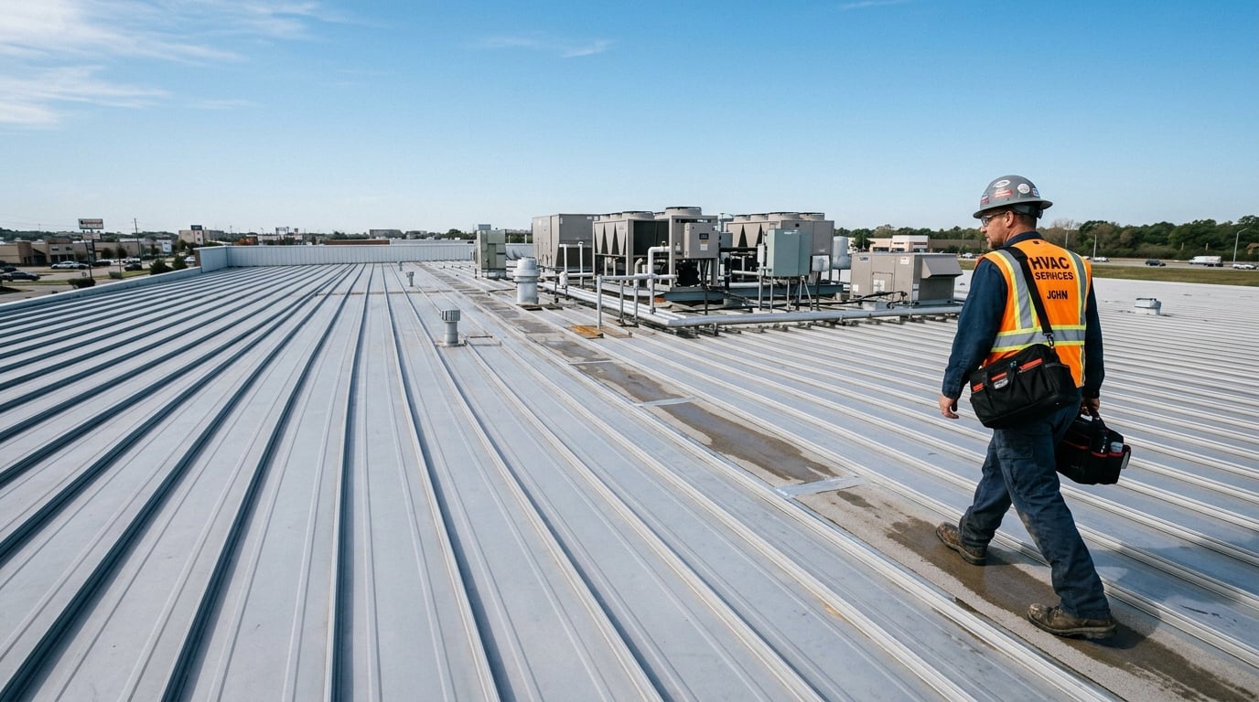 Technician walking a commercial metal roof to service rooftop equipment.