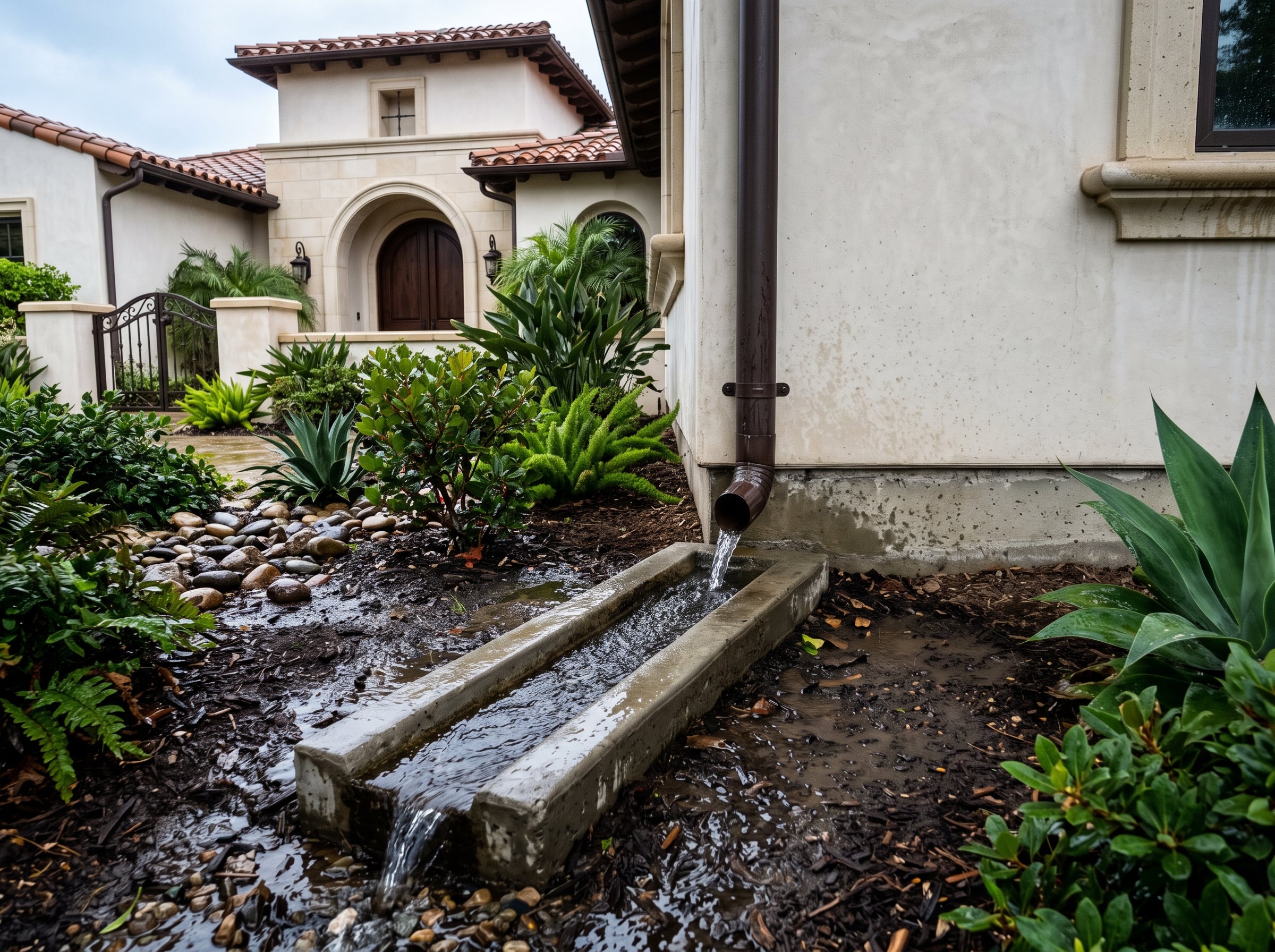 Downspout discharging rainwater onto a splash block that carries the water safely away from the home's foundation