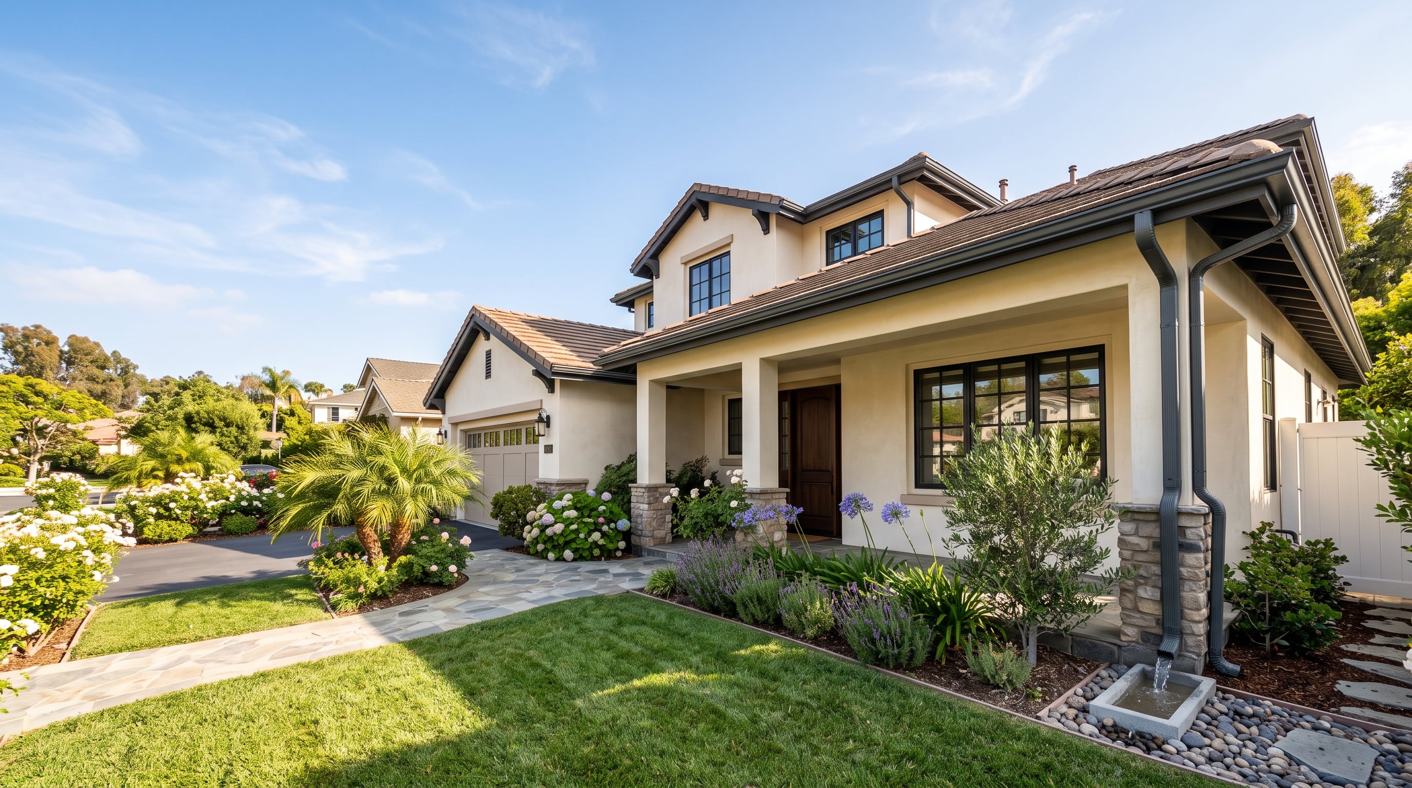 Clean Southern California home with seamless rain gutters and a downspout carrying water safely away from the foundation