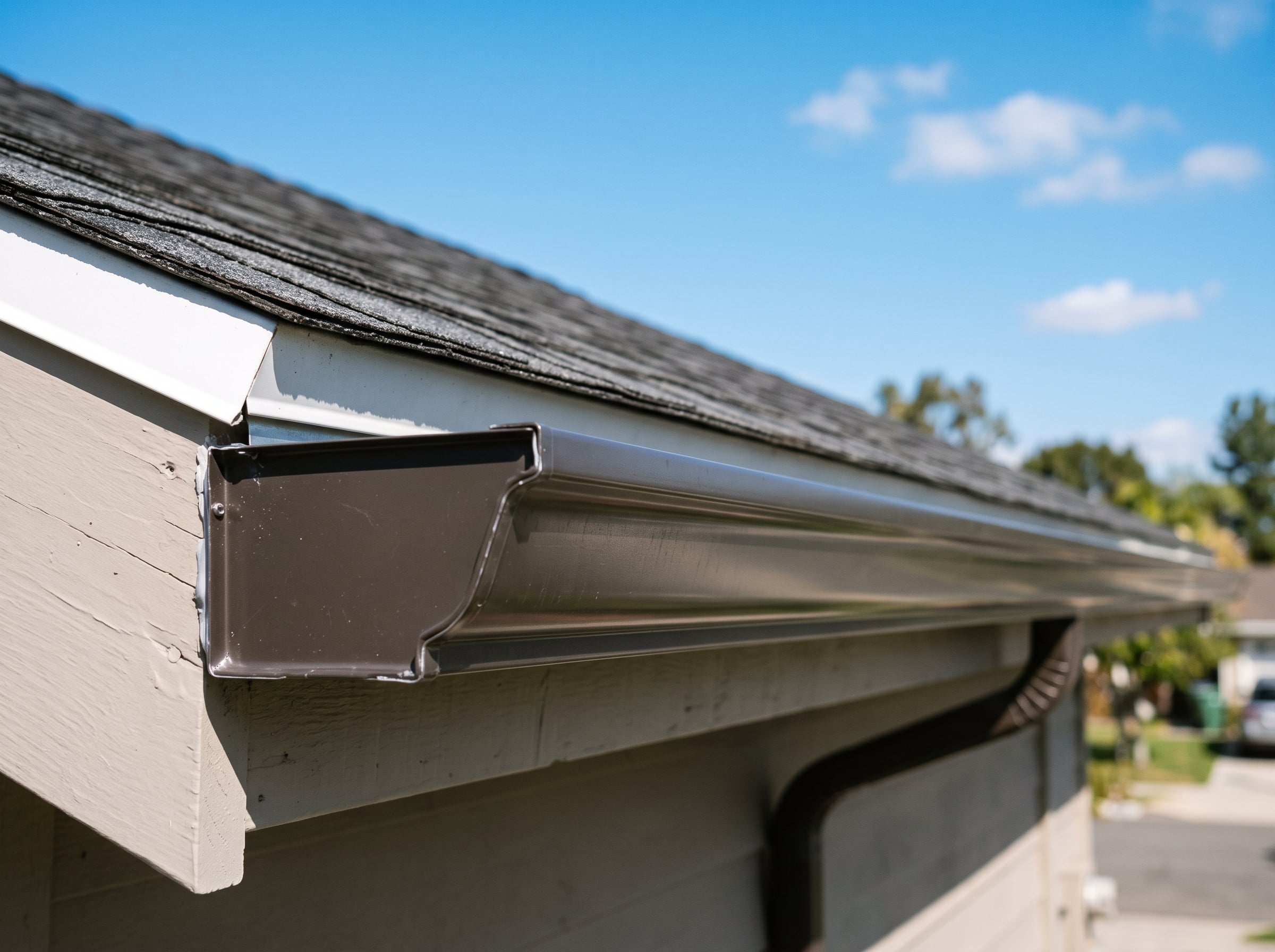 Close-up of a continuous seamless aluminum gutter mounted along the fascia of a home