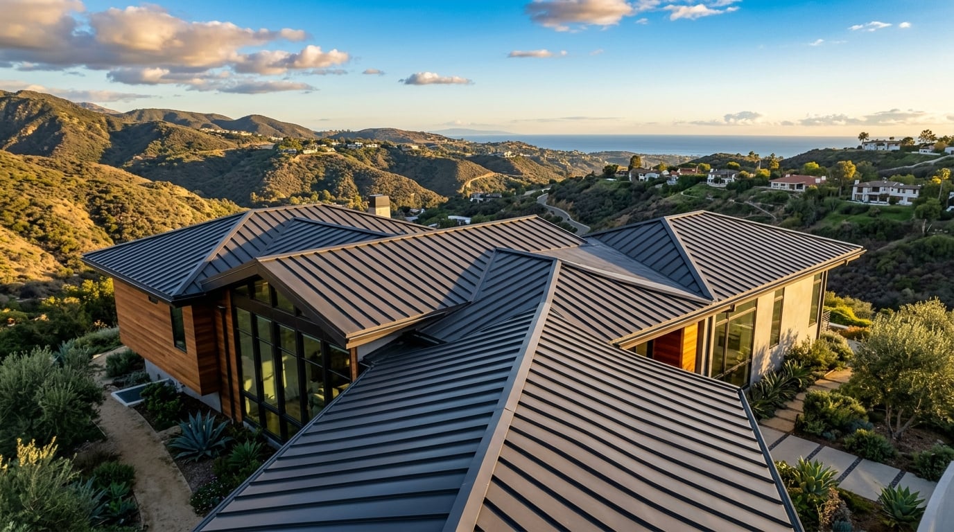 Standing seam metal roof showing valleys and eave lines where ice and water shield is installed beneath the panels