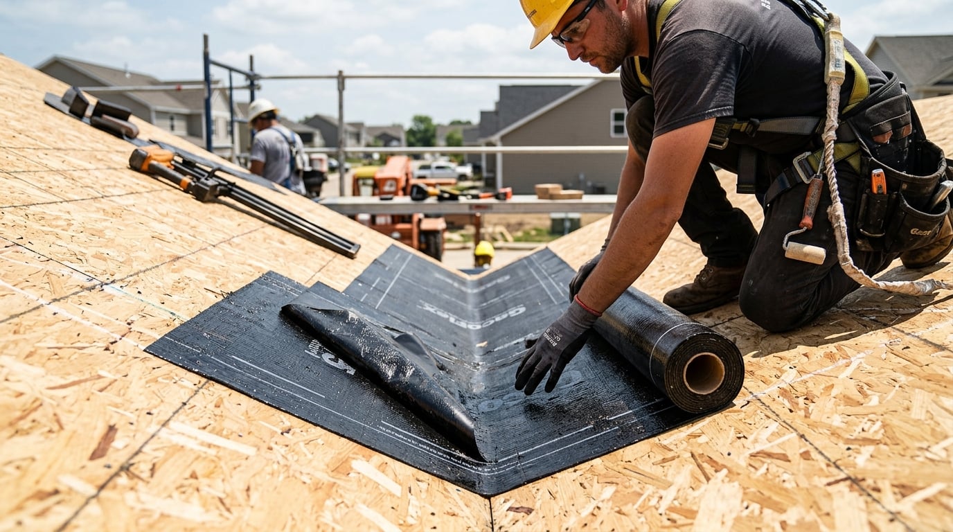 High-Temperature Ice & Water Shield Installed In A Roof Valley Peel-and-stick high-temperature ice and water shield installed beneath a standing seam roof valley before metal panels are installed.