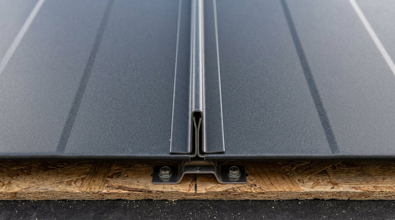 Close-up detail of perfect standing seam lines hemmed edges and concealed clip system