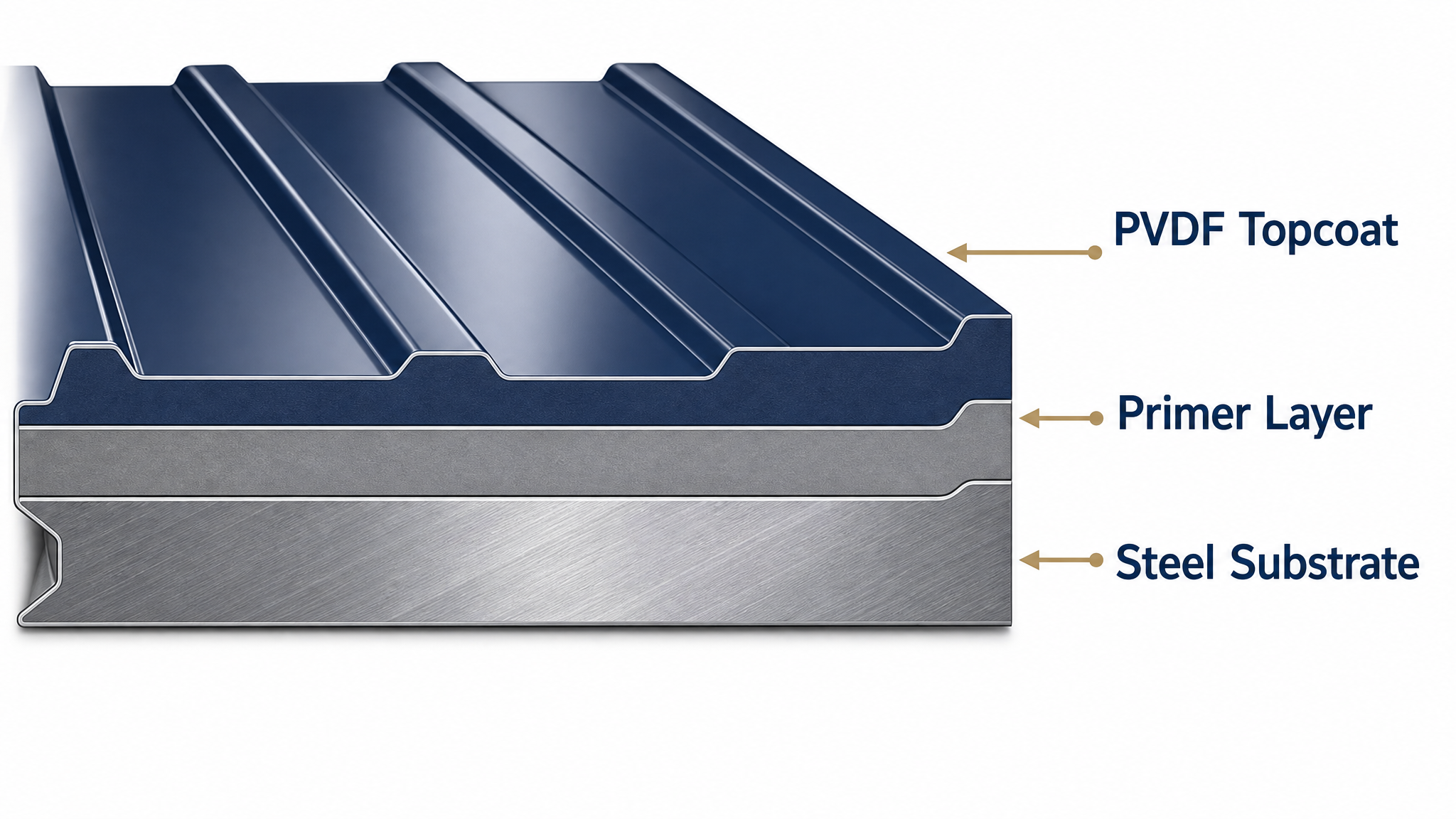 Cross-section showing steel substrate, primer, and factory-applied PVDF coating