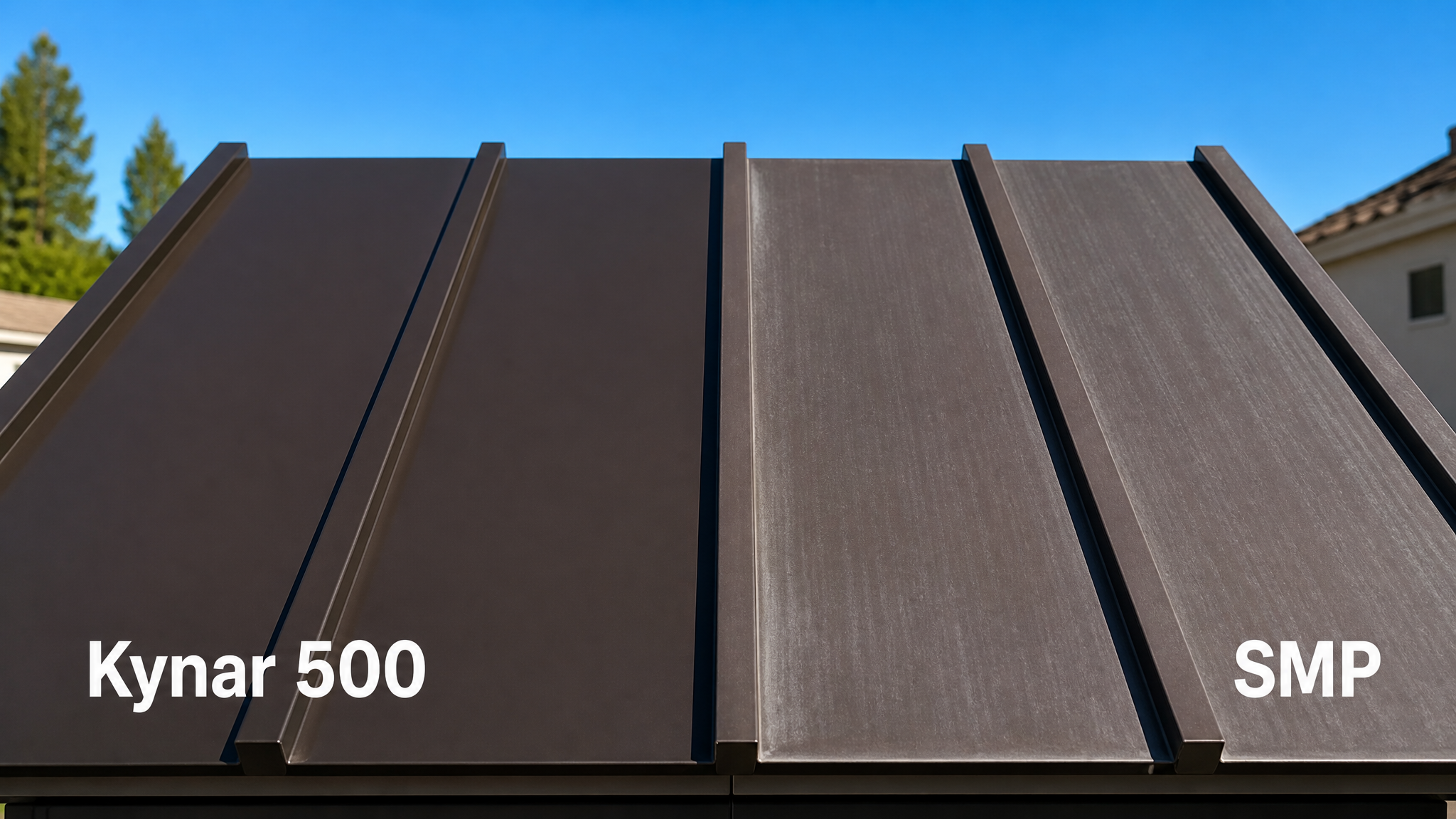 Kynar 500 PVDF vs SMP fade and chalk comparison on a metal roof