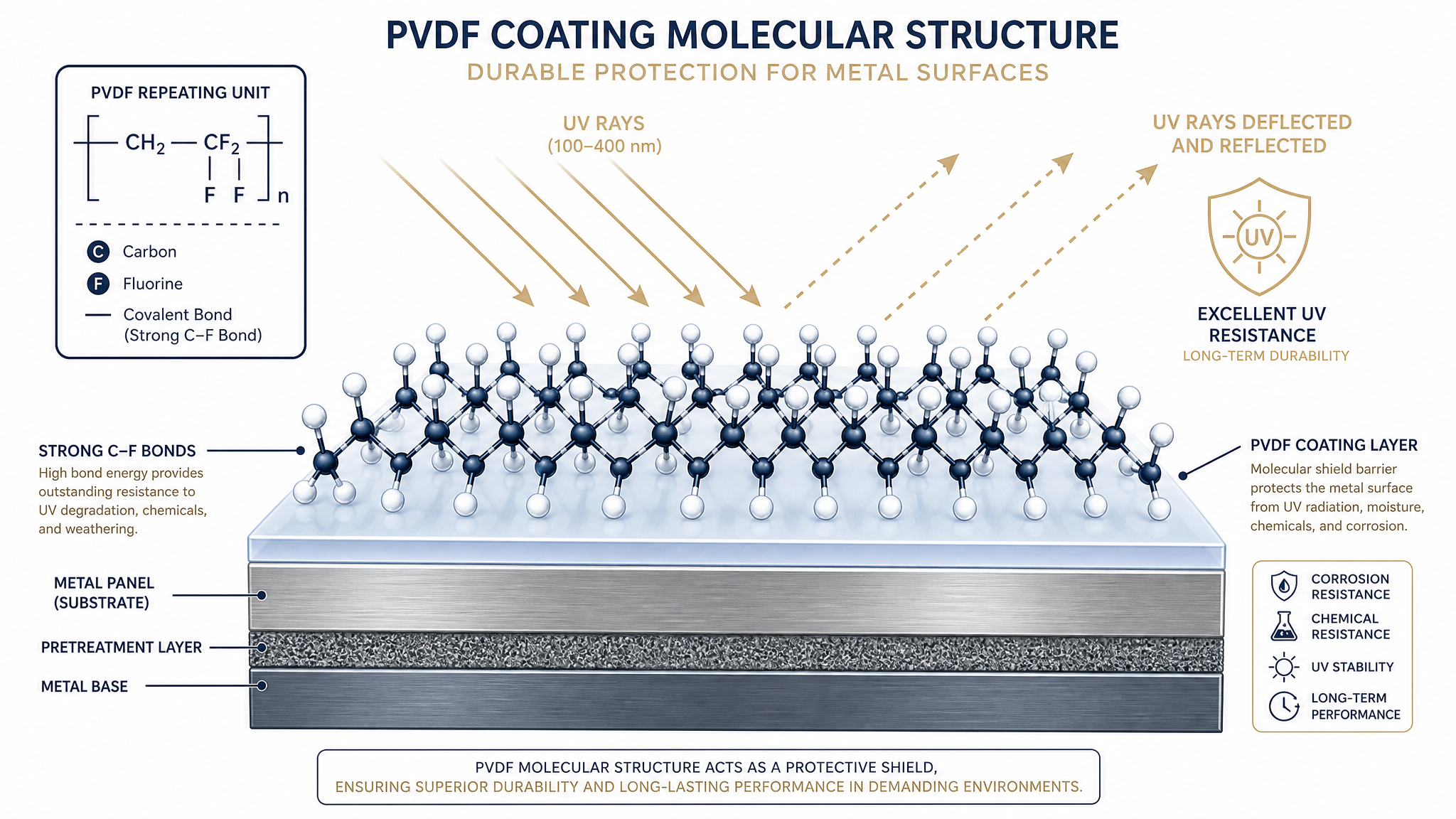 Illustration showing the durable PVDF coating protecting a standing seam metal roof panel from UV exposure and weathering