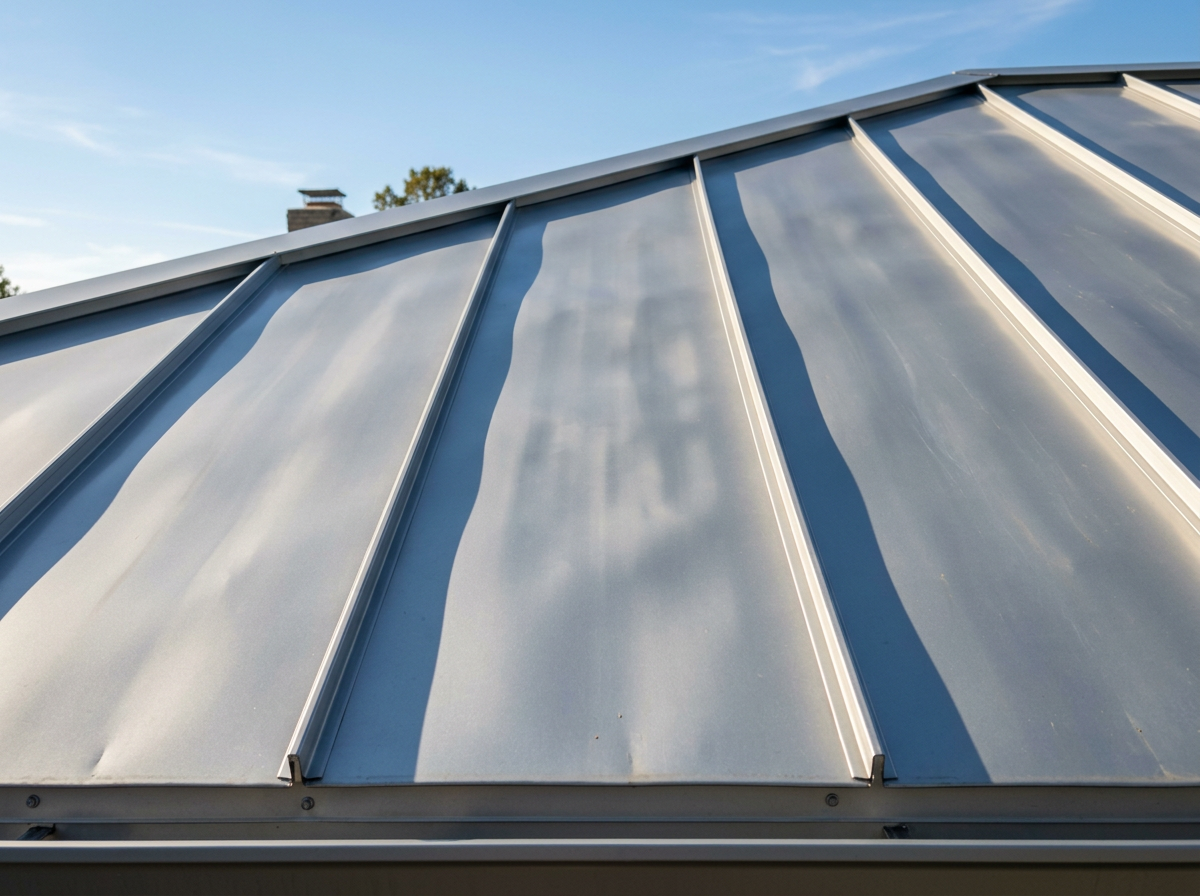 Close-up of a flat standing seam metal roof showing subtle oil canning under direct sunlight.