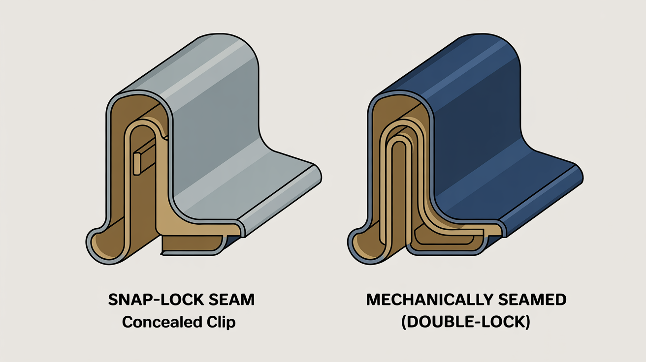 Snap-lock standing seam versus mechanically seamed standing seam cross-section.