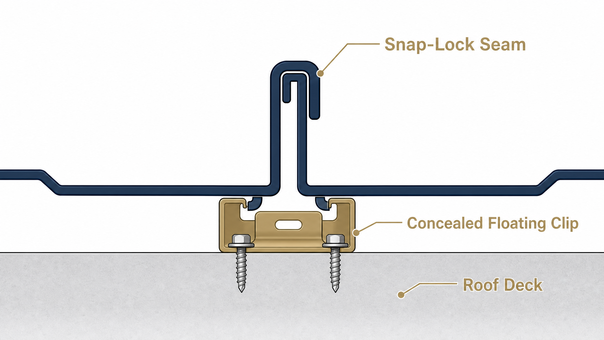 Cross-section of a snap-lock standing seam metal roof showing concealed floating clips and the snap-together seam used on residential roofs with slopes of 3:12 and steeper.