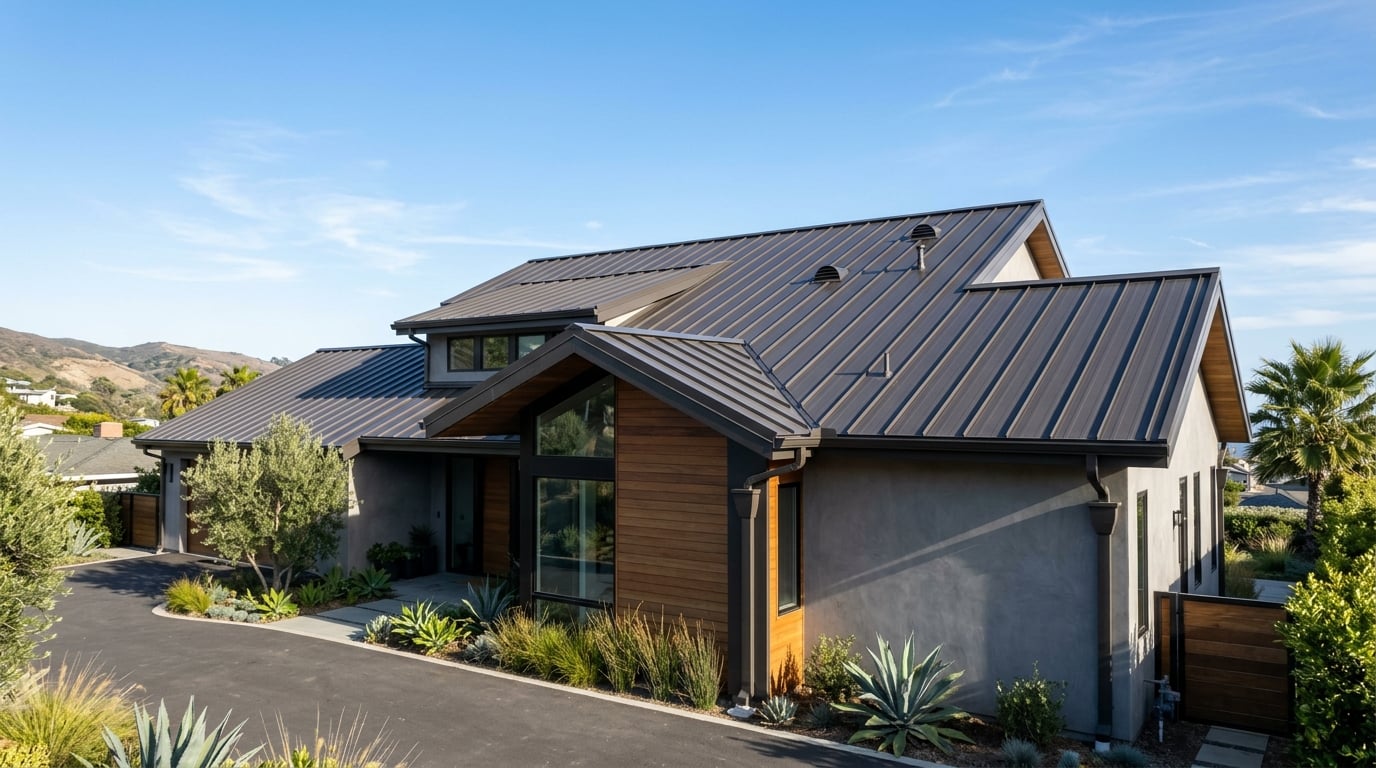 New color-matched seamless gutters and downspouts on a standing seam metal roof.