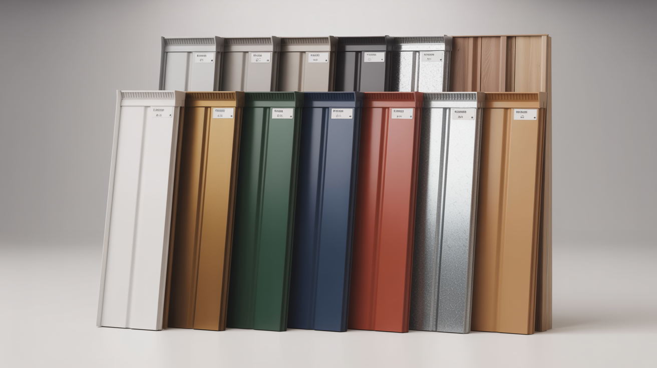 Factory gutter color swatches beside metal roof panel samples.