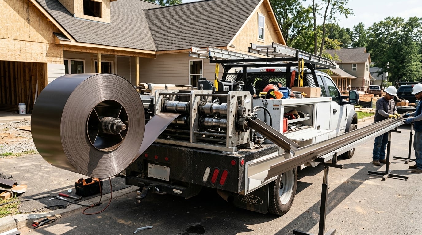 Seamless aluminum gutters formed on site in Los Angeles.