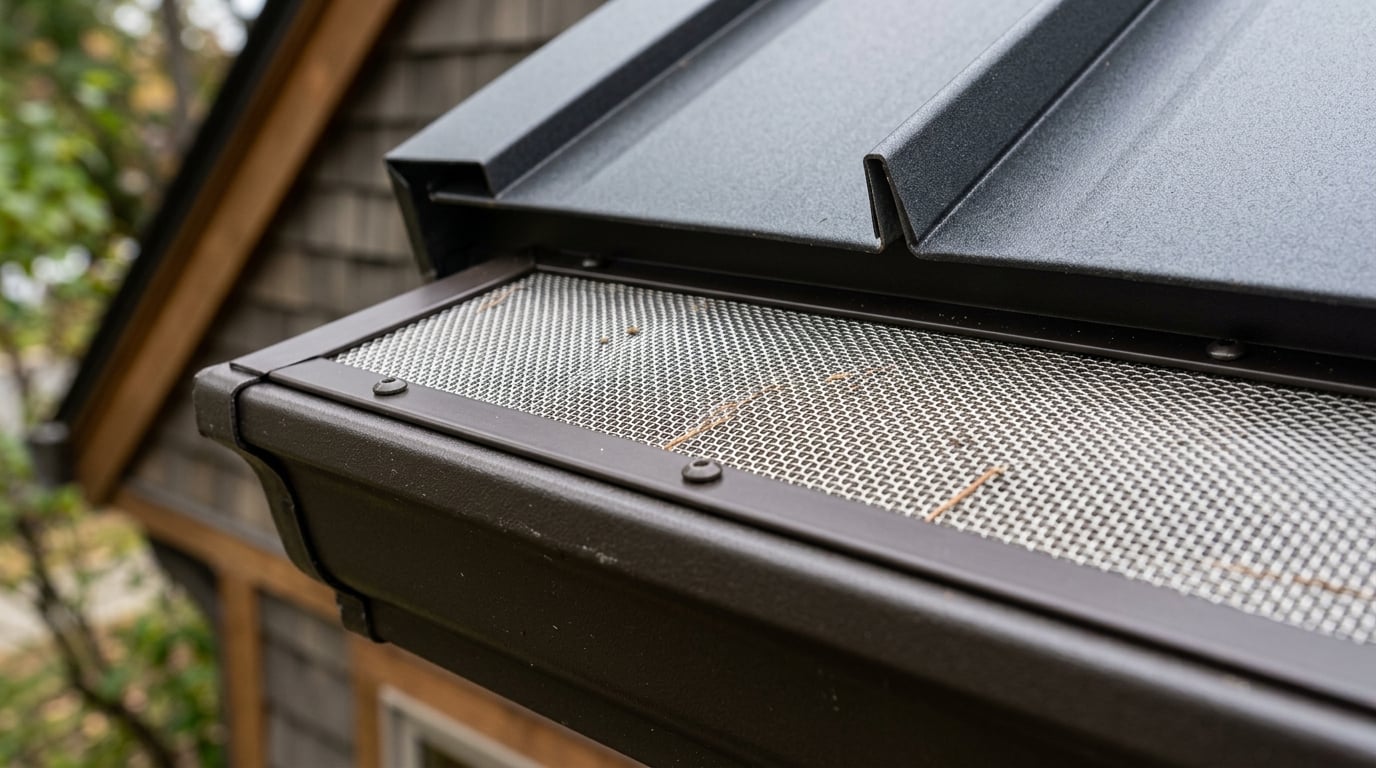 Color-matched micro-mesh gutter guard on a seamless aluminum gutter.