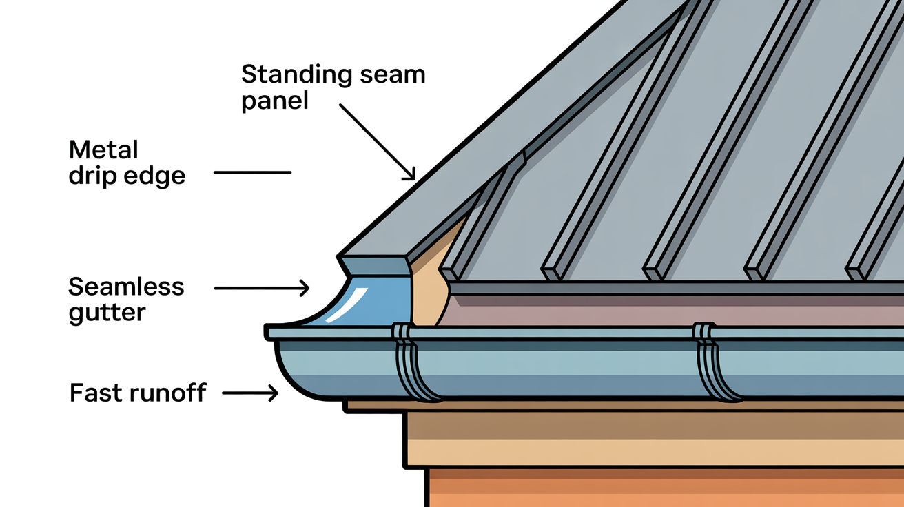Fast metal-roof runoff dropping into a seamless gutter positioned beneath the drip edge.