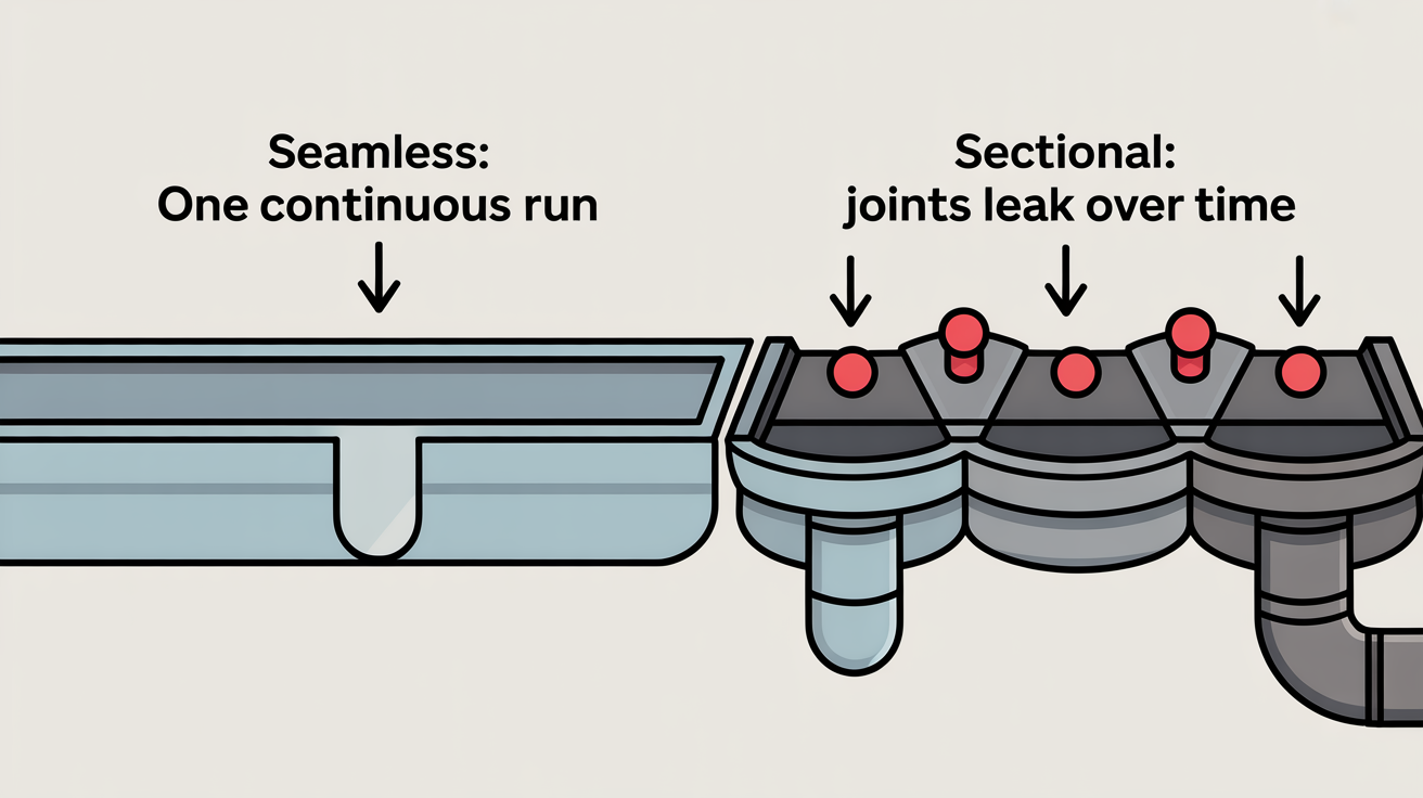 Seamless continuous gutter versus a sectional gutter with leak-prone joints.