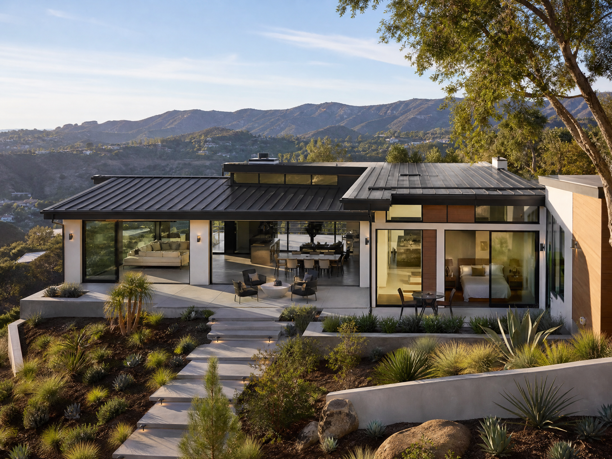Standing seam metal roof on modern Irvine residential home replacing aging asphalt