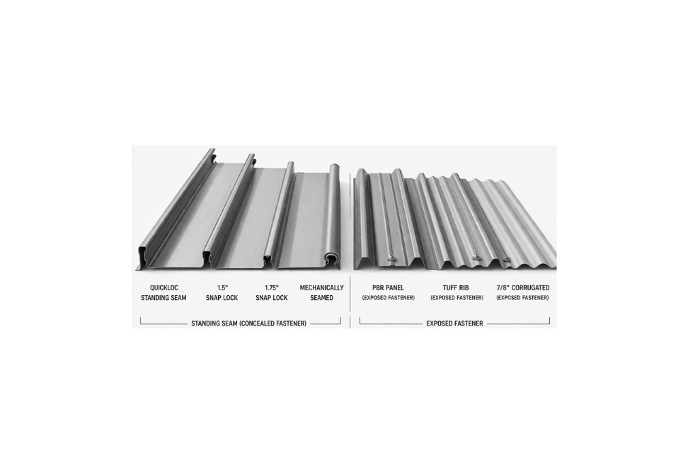 Side by side comparison of standing seam concealed fastener profiles including QuickLoc, Snap Lock, and Mechanically Seamed versus exposed fastener profiles including PBR Panel, Tuff Rib, and 7/8 inch Corrugated