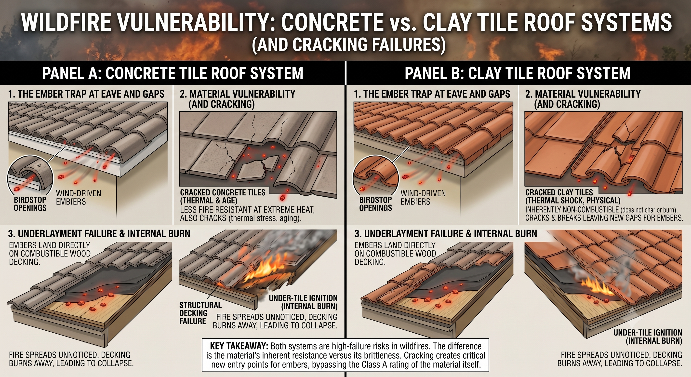 Wildfire vulnerability comparison showing concrete tile and clay tile roof systems with ember traps, material cracking, and underlayment failure points