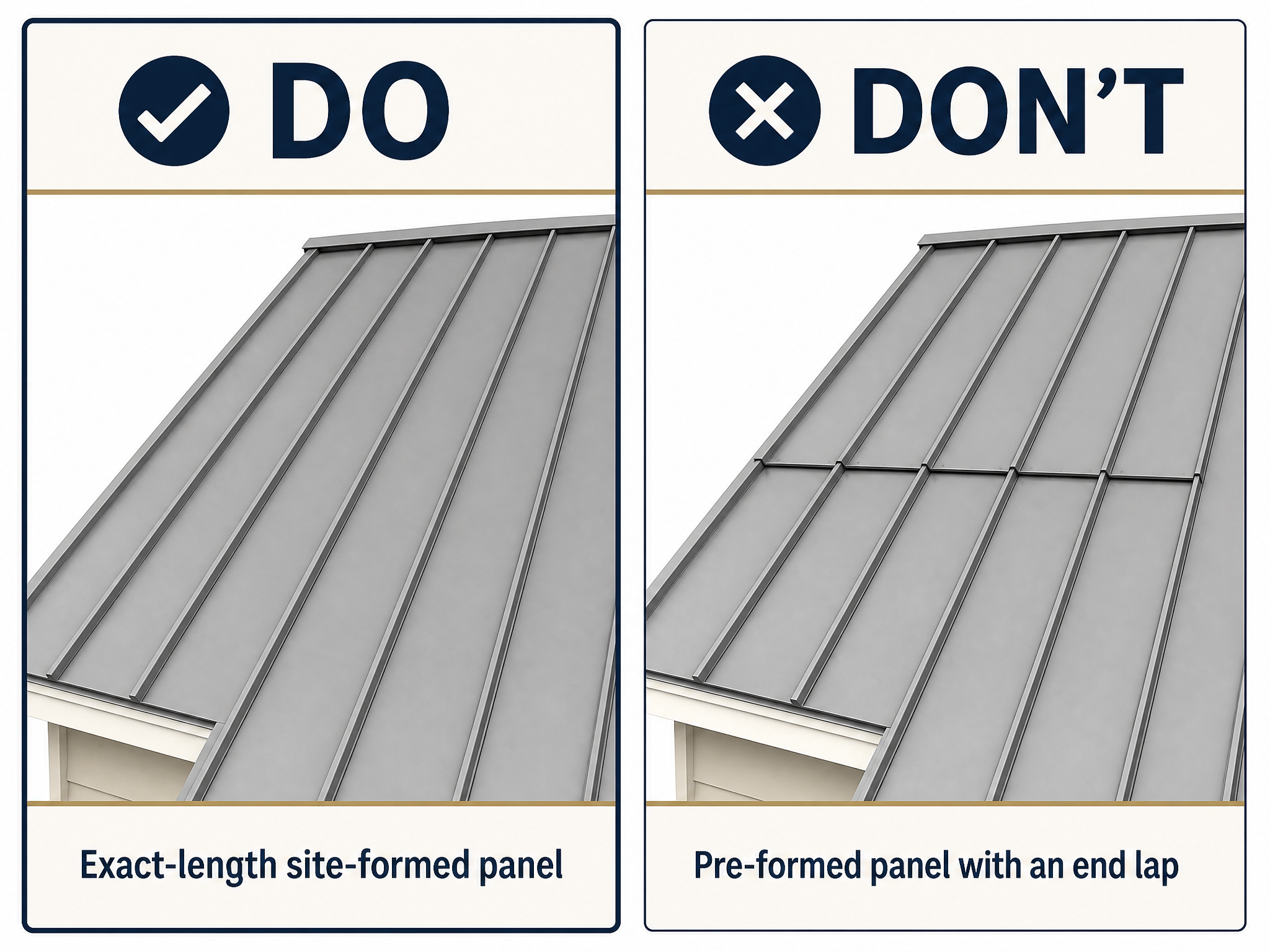 DO/DON'T comparison showing an exact-length site-formed standing seam run versus a pre-formed panel requiring an end lap.